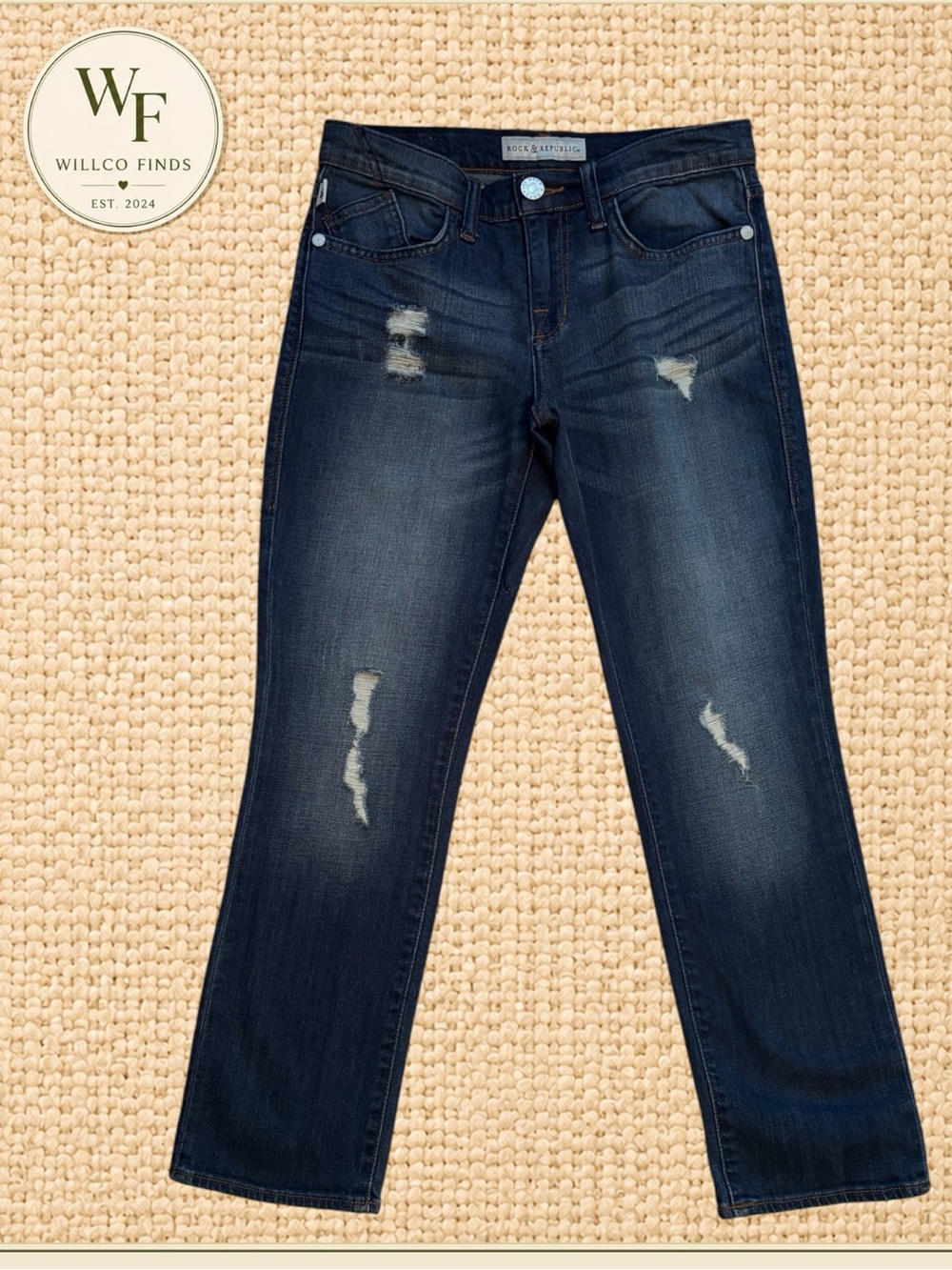 Rock & Republic Kendall Jeans Size 6 Distressed Dark Wash Straight Leg